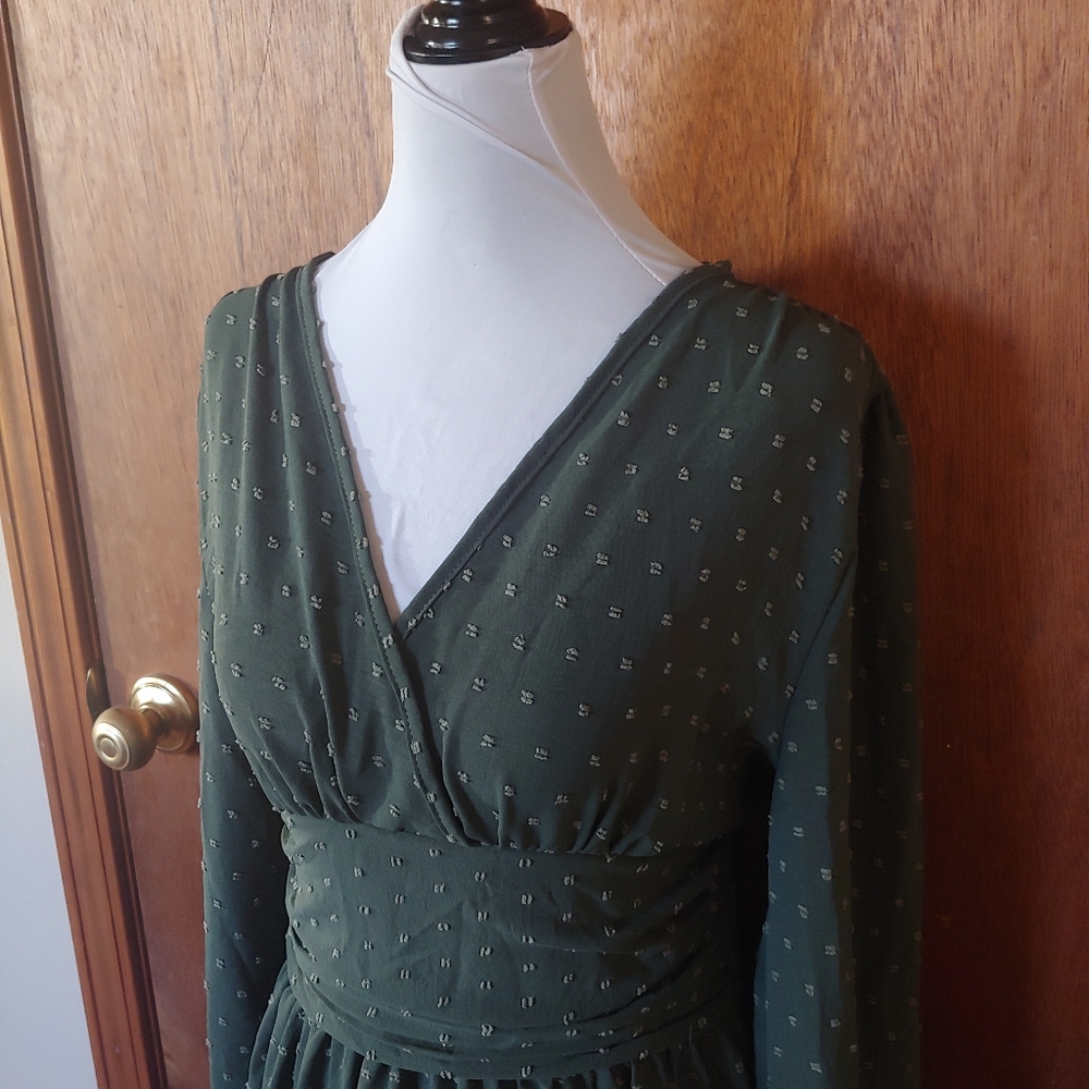 NWT Liotxecd Green Swiss Dot V Long Lanturn Sleeve Prairie Boho Maxi Dress L - Picture 5 of 12